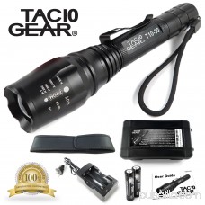 TAC10 GEAR Tactical LED Flashlight XML-T6 1,000 Lumens Water Resistant with Rechargeable Li-Ion Batteries, Charger, Adjustable Zoom Focus, 5 User Modes, and Holster